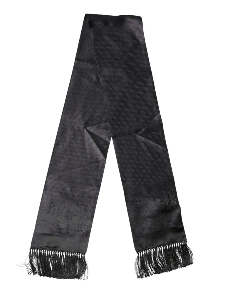 Dolce & Gabbana Men's Black Satin Silk Fringes Neck Foulard Scarf Black