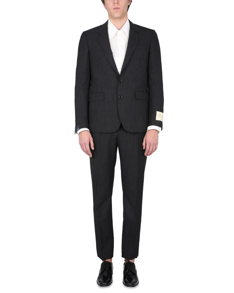 LARDINI Wool Peaked Lapel Pant Suit — Black Black
