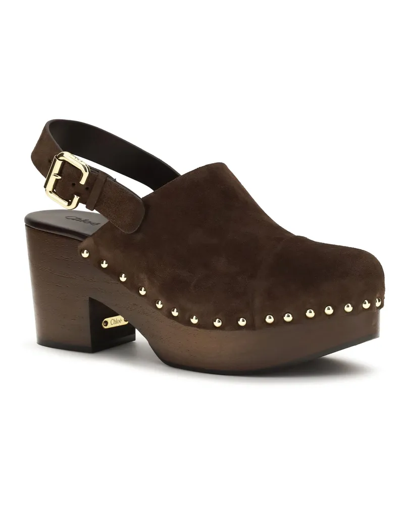 Chloé Women's Jeannette Wedge Clogs Glossy Calfskin Chocolate Brown Calf Leather Bos Taurus Sandal Brown