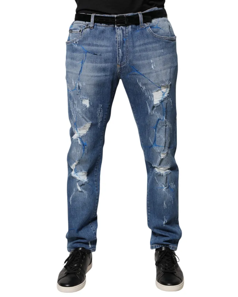 Dolce & Gabbana Men's Blue Cotton Stretch Tattered Skinny Denim Jeans Elastane Clothing Blue