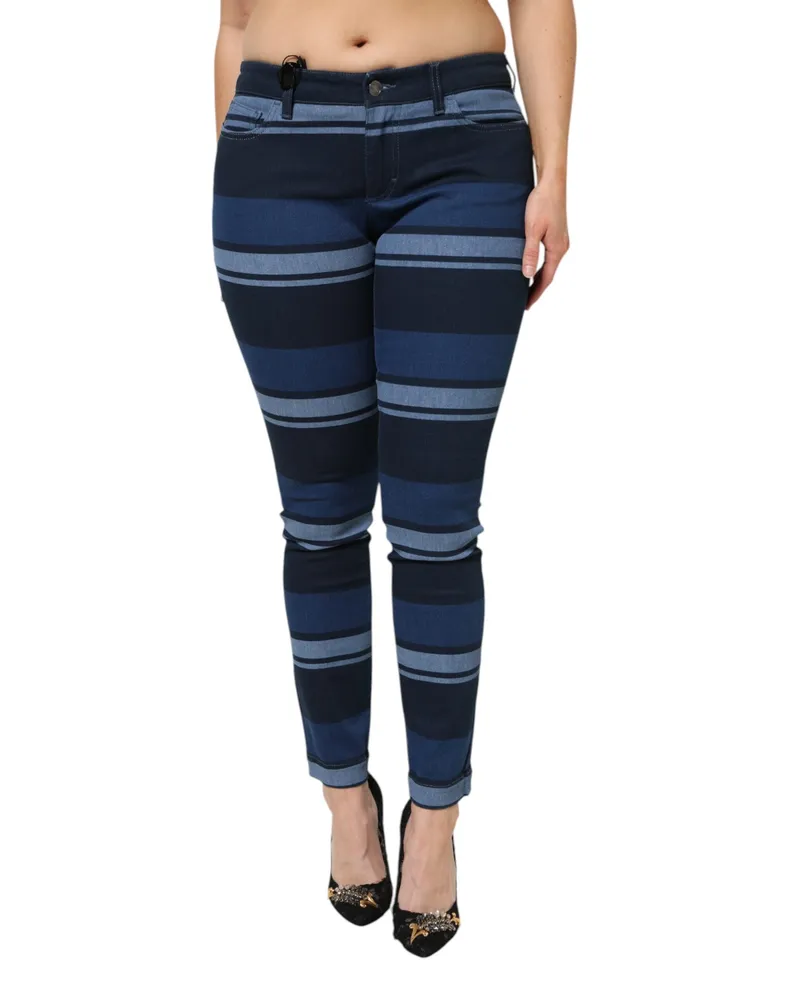 Dolce & Gabbana Women's Blue Striped Cotton Stretch Denim Jeans Clothing Blue