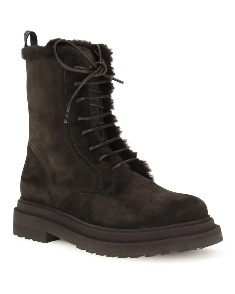 Brunello Cucinelli Fur-Lined Suede Laced Ankle Boot — Black Black