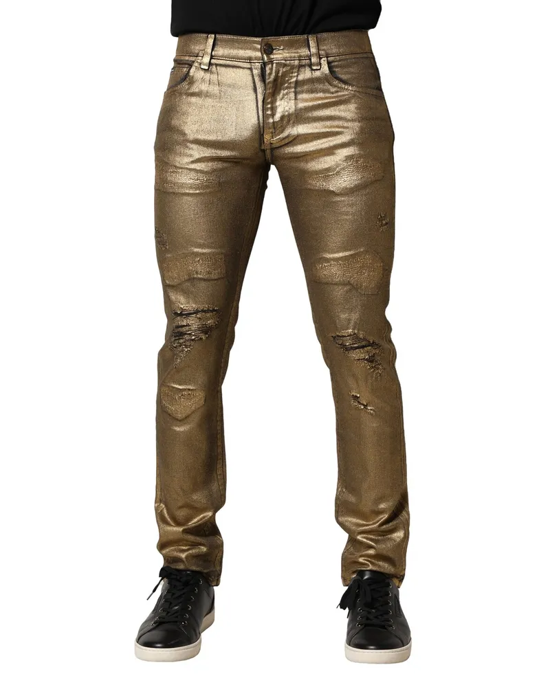 Dolce & Gabbana Men's Gold Tattered Cotton Stretch Slim Denim Jeans Elastane Clothing Gold