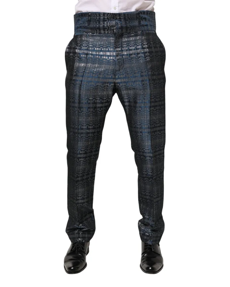 Dolce & Gabbana Blue Silver Shiny Silk Skinny Men Trouser Pants Blue