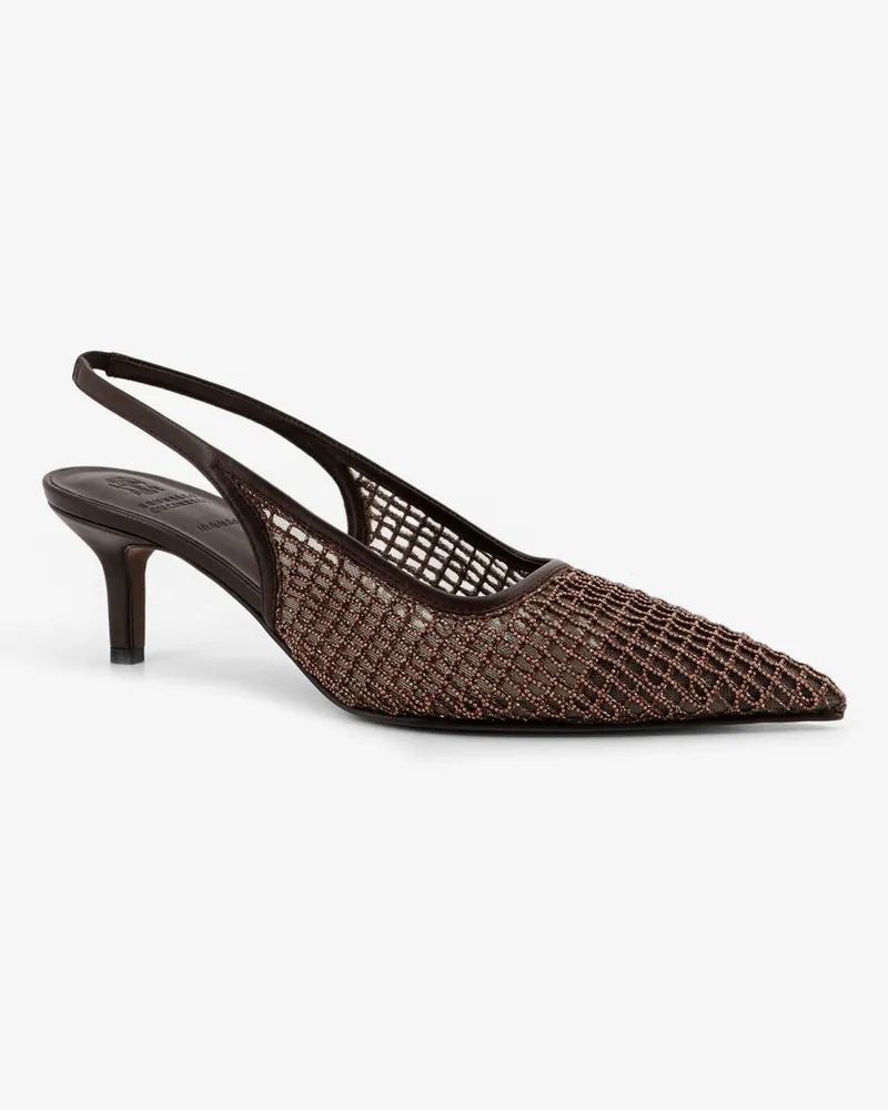 Brunello Cucinelli Women's Leather Décolleté With Net Detail Brown Pumps High Heel Shoes Brown