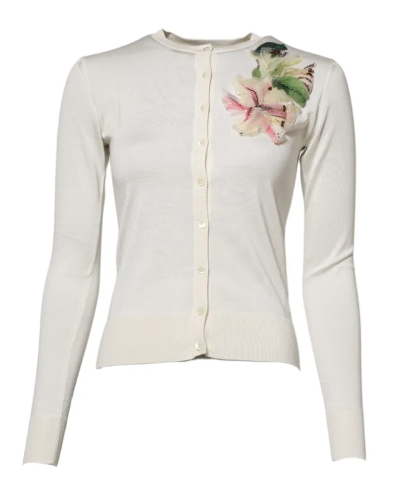 Dolce & Gabbana Women's White Silk Lily Embellished Cardigan Sweater Clothing White