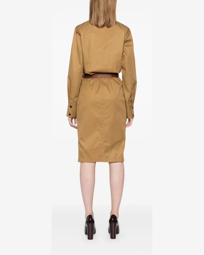 Saint Laurent Belted Cotton Twill Dress — Camel Camel