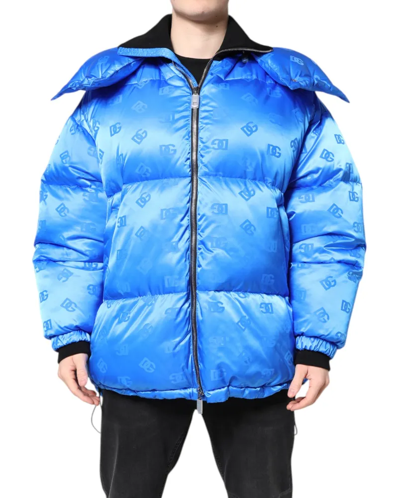 Dolce & Gabbana Men Blue Logo Full Zip Hooded Quilted Jacket Nylon Clothing Blue