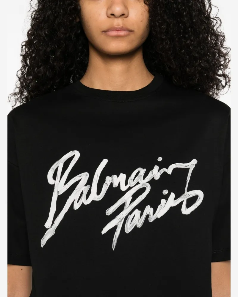 Balmain Flocked Logo Cropped T-Shirt — Black Black