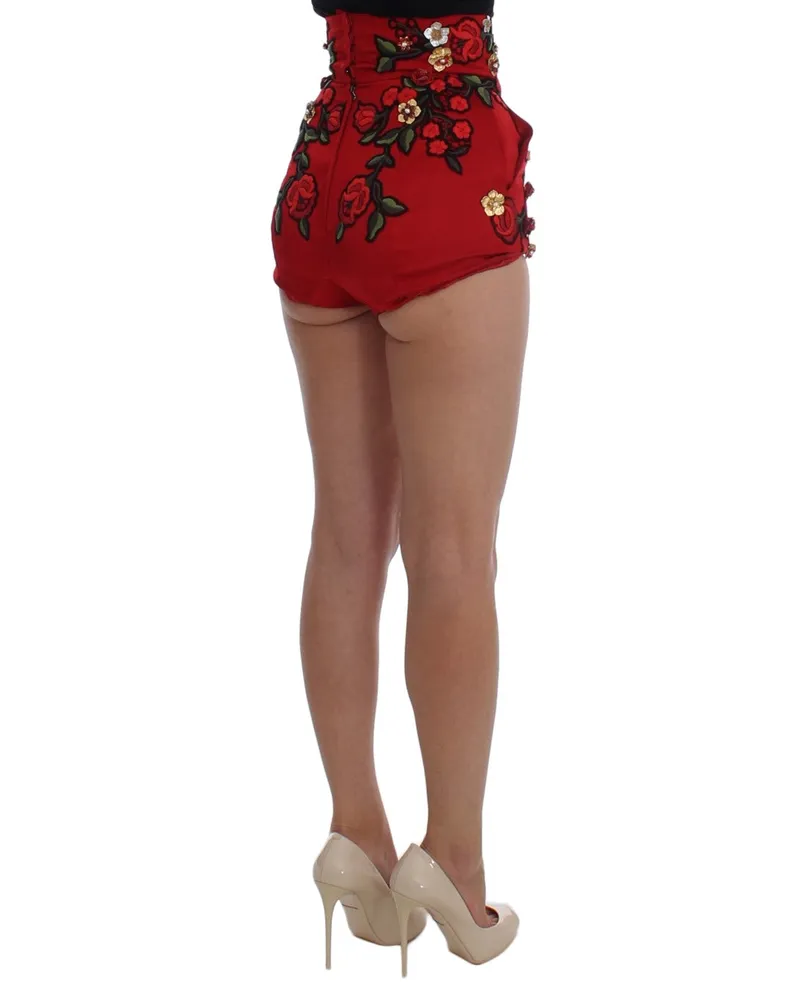 Dolce & Gabbana Women Red Silk Roses Sicily Shorts Red
