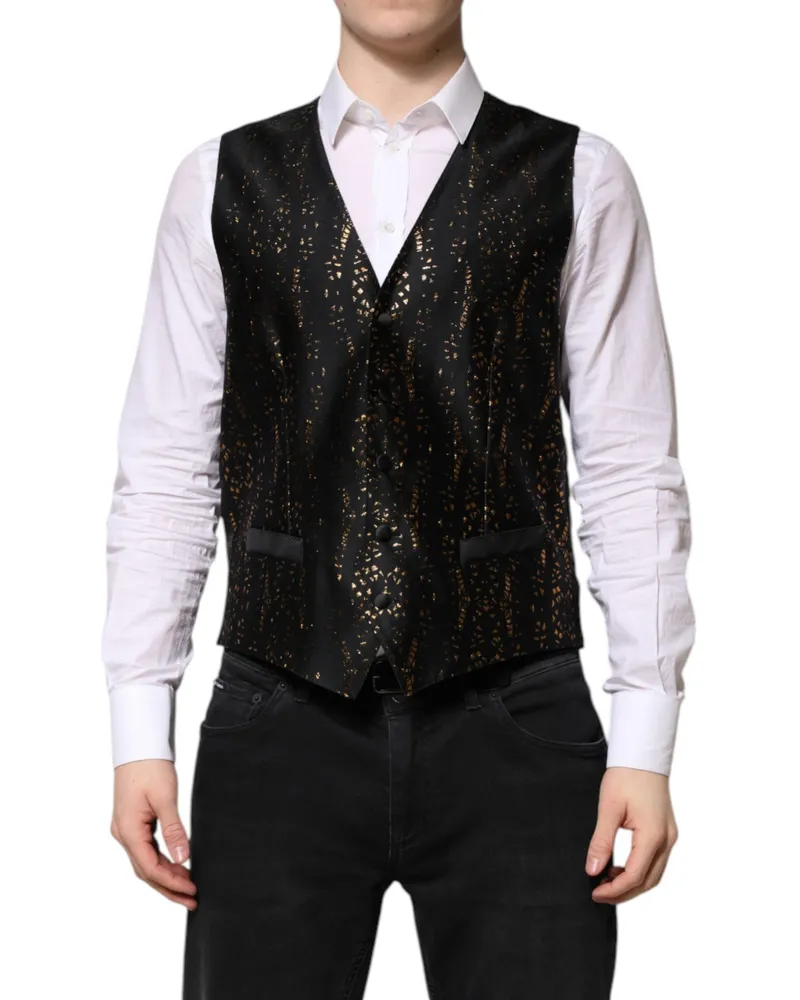 Dolce & Gabbana Black Lurex Dress Formal Men Waistcoat Vest Black