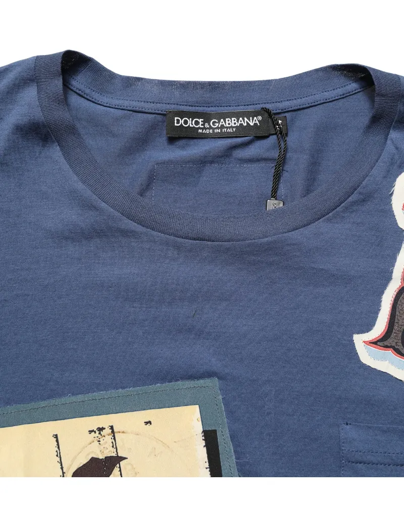 Dolce & Gabbana Men Navy Blue Cotton Graphic Crew Neck T-Shirt Silk Navy