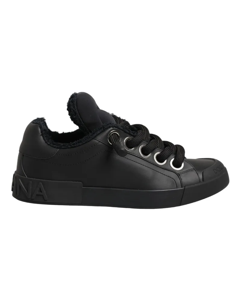 Dolce & Gabbana Women's Black Leather Low Top Portofino Sneakers Shoes Calf Nylon Elastane Black