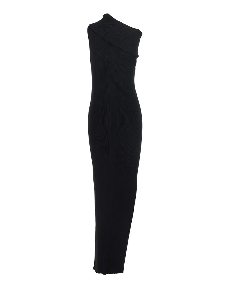 Rick Owens Women's Black Ribbed Knit Asymmetric Long Dress Viscose Black
