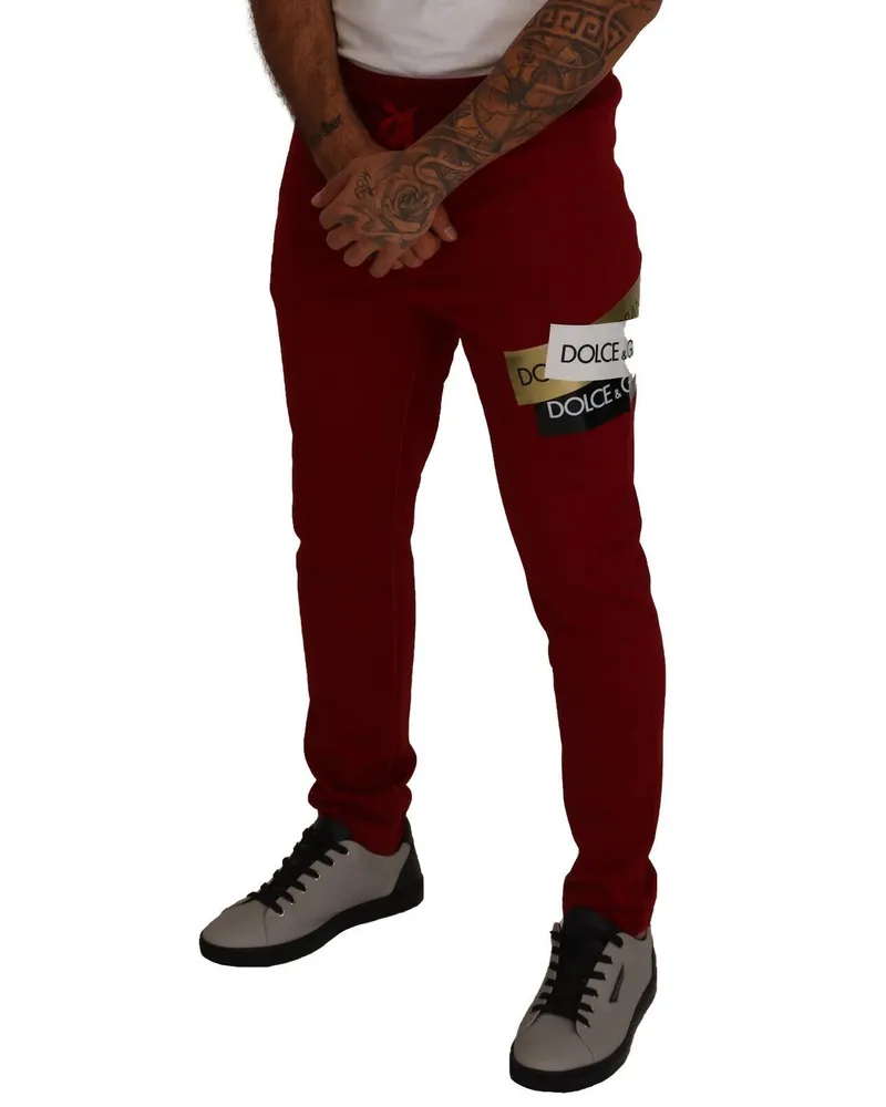 Dolce & Gabbana Men's Red Cotton Logo Patch Sweatpants Jogging Pants Red