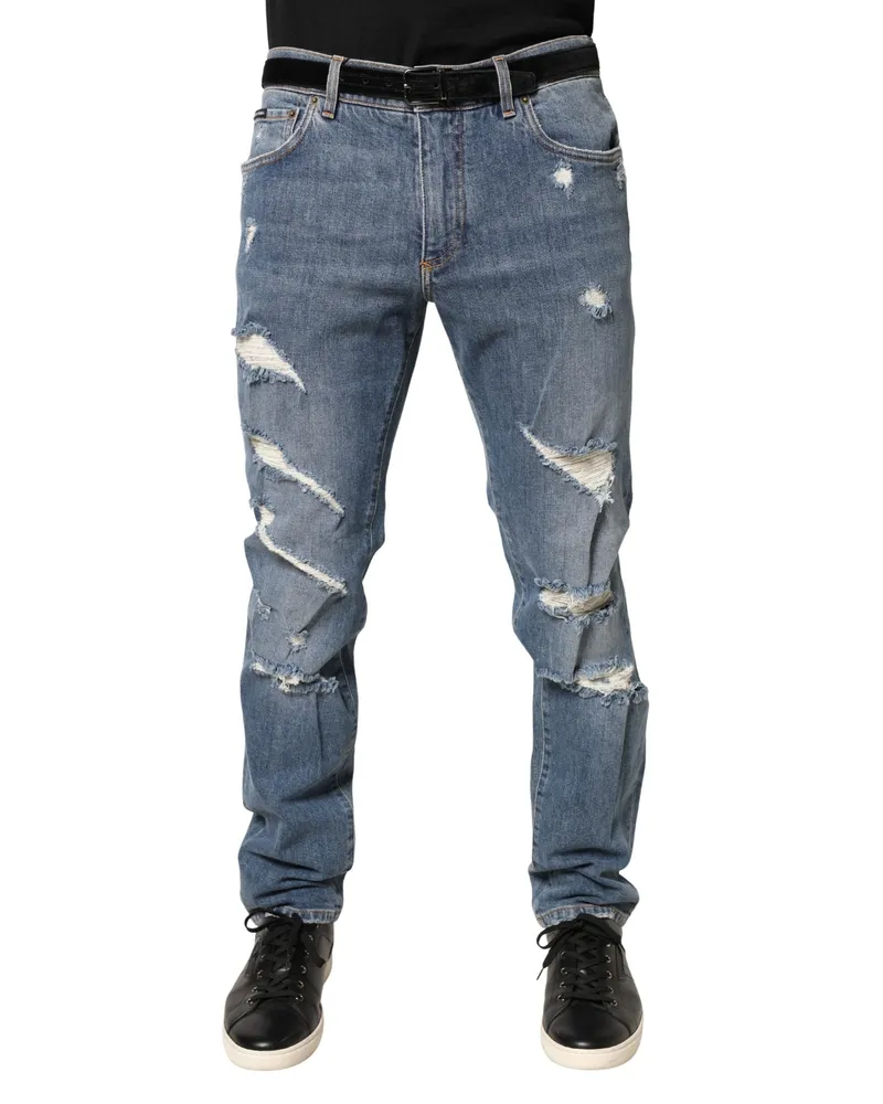 Dolce & Gabbana Men's Blue Tattered Slim Fit Cotton Denim Jeans Elastane Clothing Blue