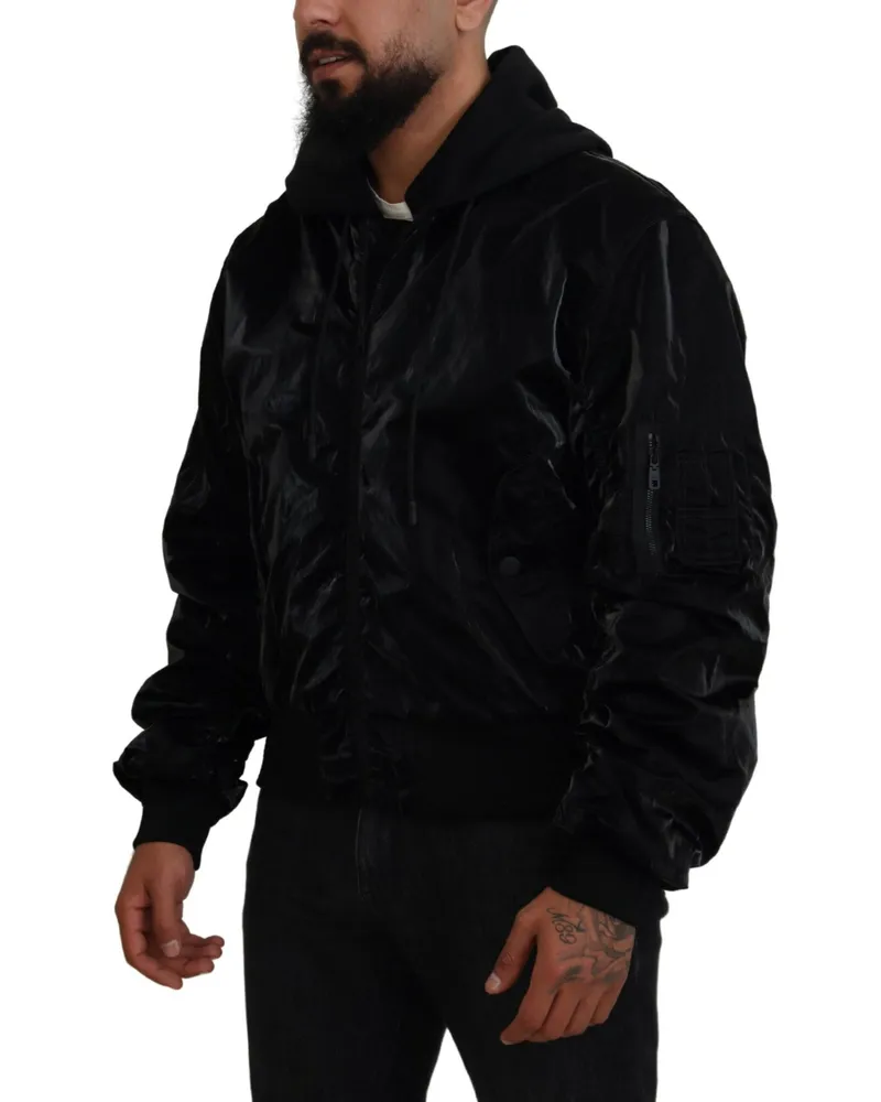Dolce & Gabbana Men's Black Nylon Hooded Full Zip Bomber Jacket Cotton Polyester Clothing Black