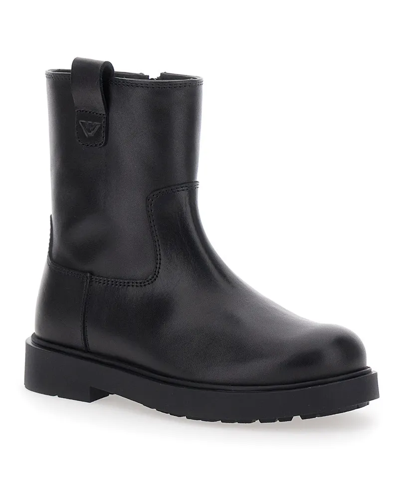 Emporio Armani Boys' Black Leather Boots With Logo Patch Calf Black