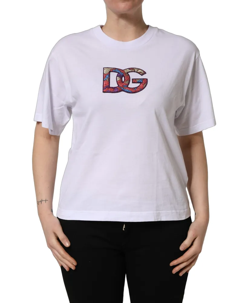 Dolce & Gabbana Women's White Cotton Dg Logo Patch Crew Neck T-Shirt White