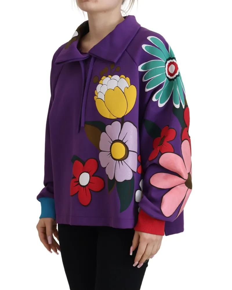 Dolce & Gabbana Women's Purple Floral Print Pullover Cotton Sweater Polyester Clothing Purple