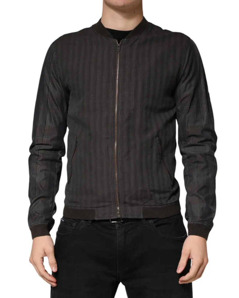Dolce & Gabbana Men Black Stripes Cotton Full Zip Bomber Jacket Linen Silk Elastane Clothing Black
