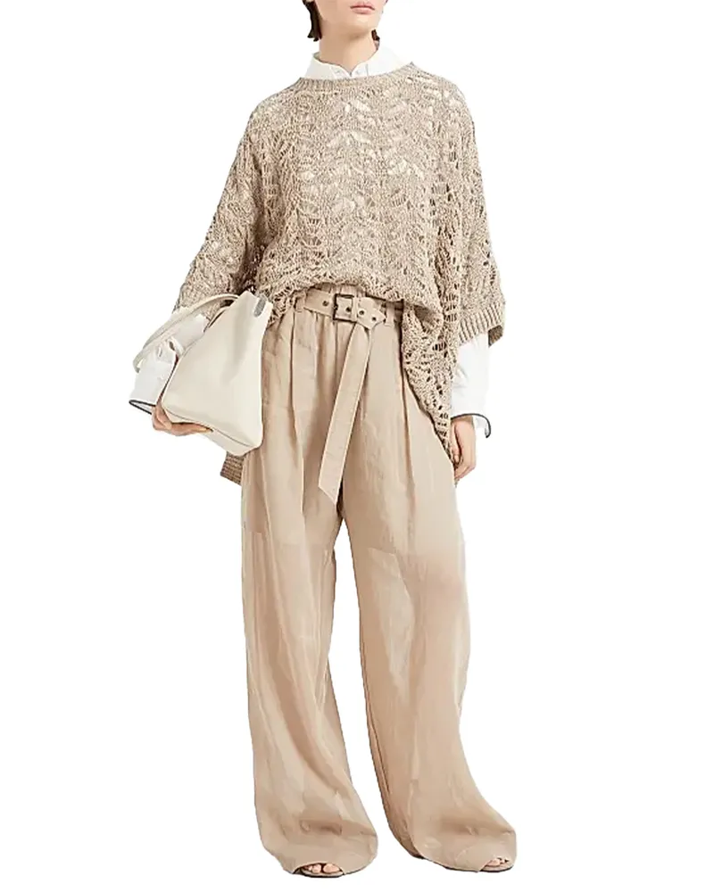 Brunello Cucinelli Open-Knit Linen Blend Cape — Beige Beige