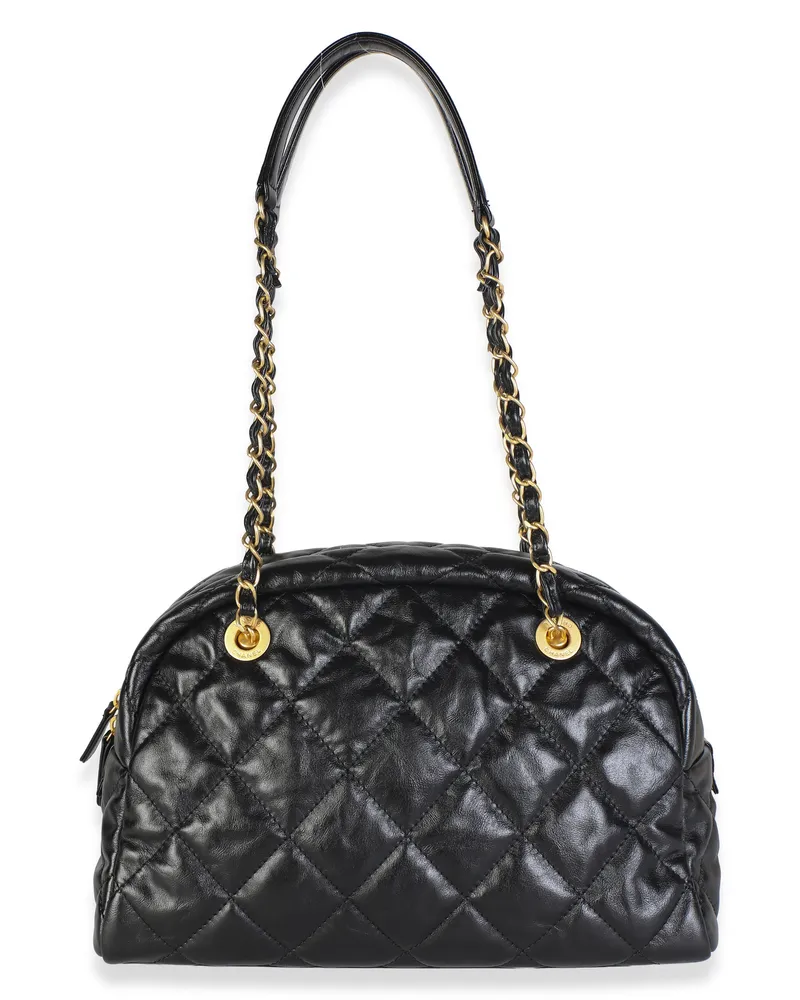 Chanel 24a Black Shiny Crumpled Calfskin Quilted Bowling Bag Leather Black