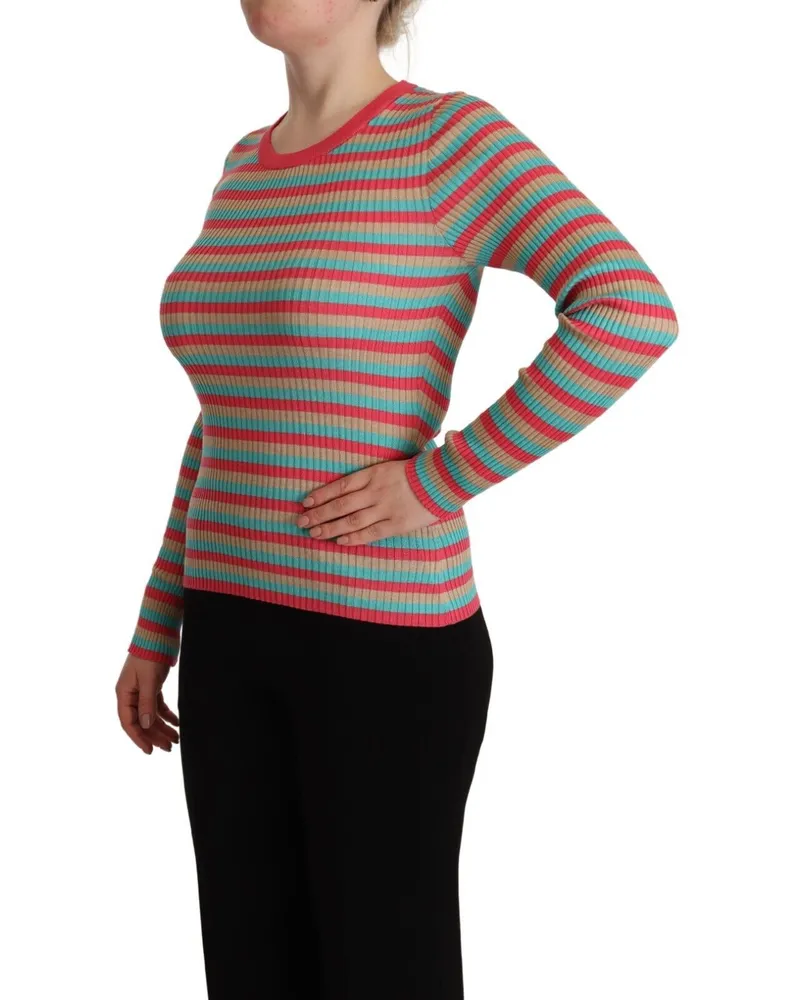 Dolce & Gabbana Women's Multicolor Stripes Silk Crew Neck Pullover Top Red
