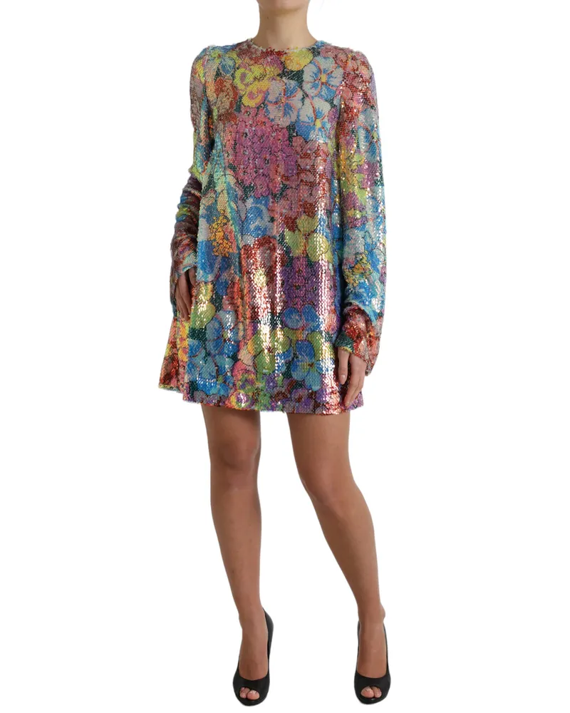 Dolce & Gabbana Women Multicolor Floral Sequined Shift Mini Dress Polyester Silk Multicolor