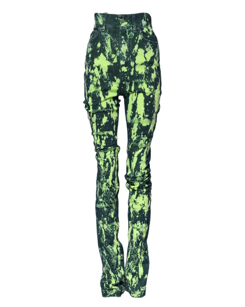Dolce & Gabbana Women Green Splash High Waist Denim Jeans Cotton Clothing Green