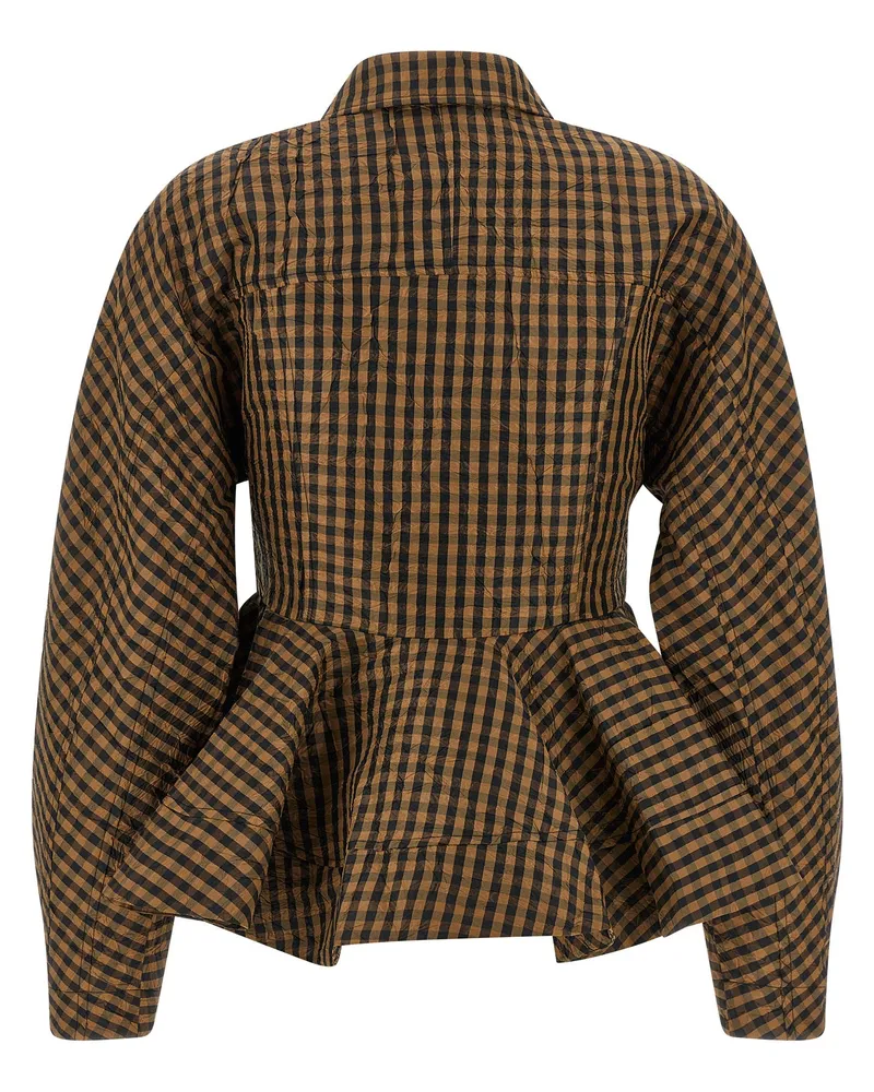 Ganni Crinkled Check Taffeta Blouse — Camel Camel
