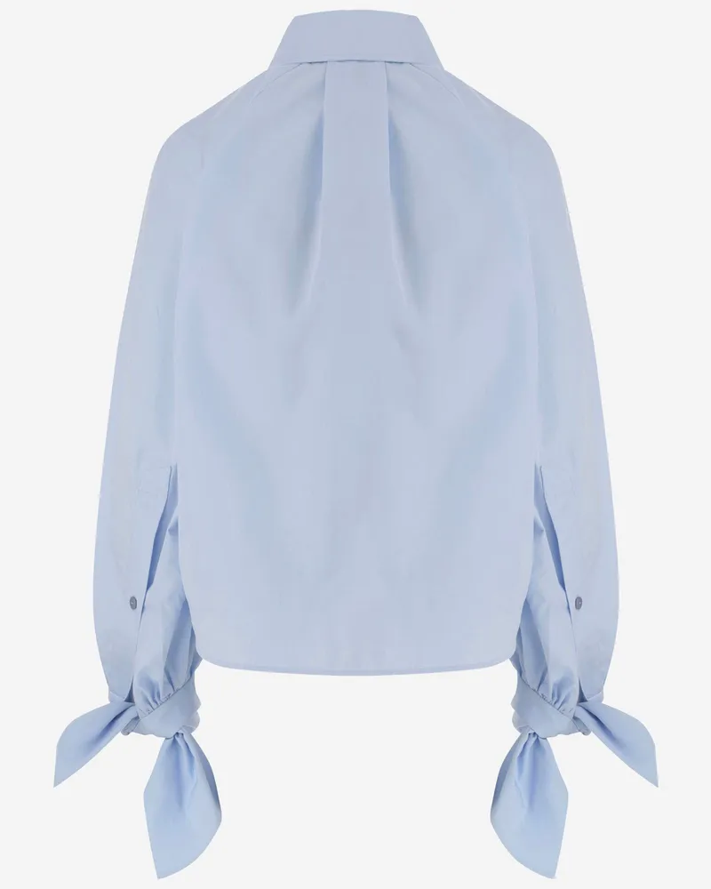 Patou Women's Cotton Blouse With Tied Sleeves Light Blue Shirt Blue