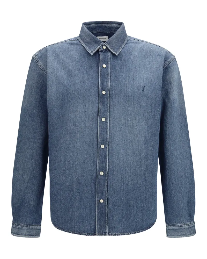 Saint Laurent Men Denim Shirt Petroleum Blue Cotton Blue