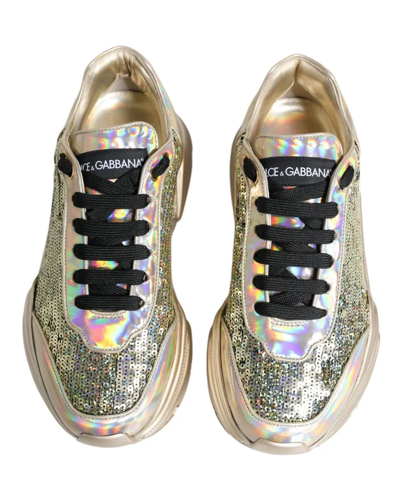 Dolce & Gabbana Men's Gold Sequin Iridiscent Daymaster Sneakers Shoes Polyester Lamb Leather Gold