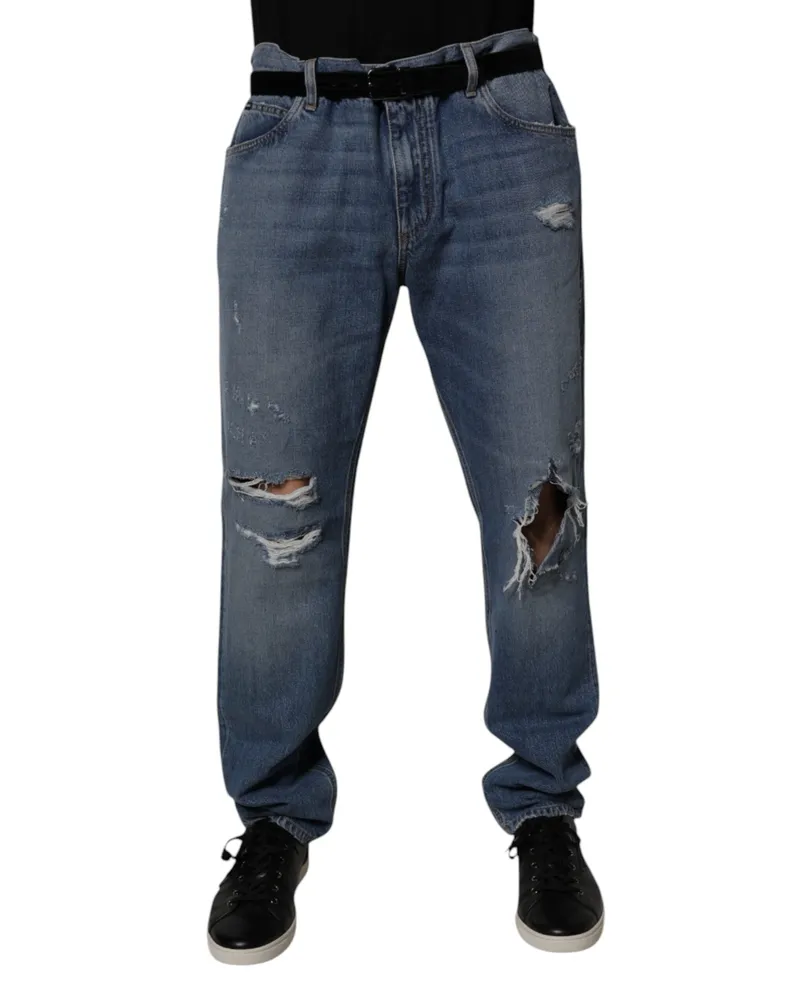 Dolce & Gabbana Men's Blue Tattered Cotton Straight Denim Jeans Lyocell Clothing Blue