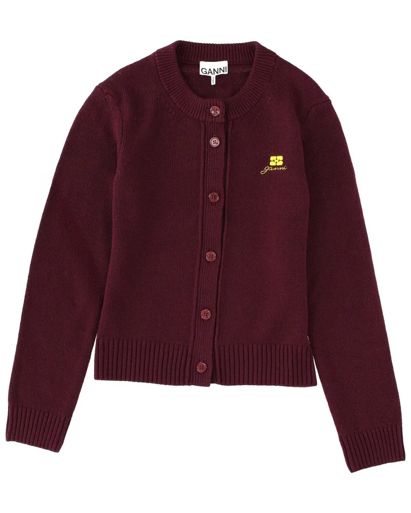 Ganni Logo-Embroidered Wool Blend Cardigan — Bordeaux Bordeaux