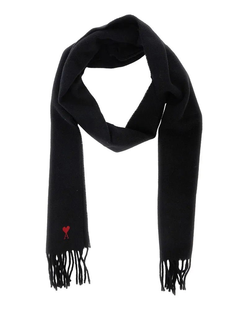 AMI Paris Men's Wool Scarf Ami De Coeur Black Scarfs Black