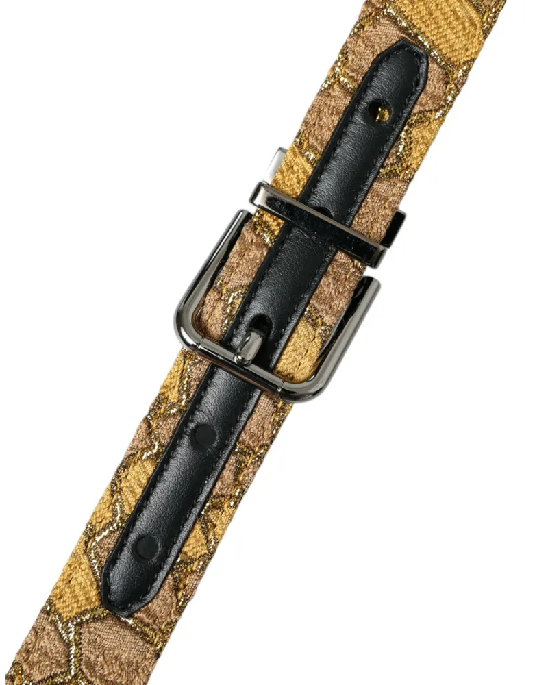 Dolce & Gabbana Men's Gold Leather Jacquard Silver Metal Buckle Belt Gold
