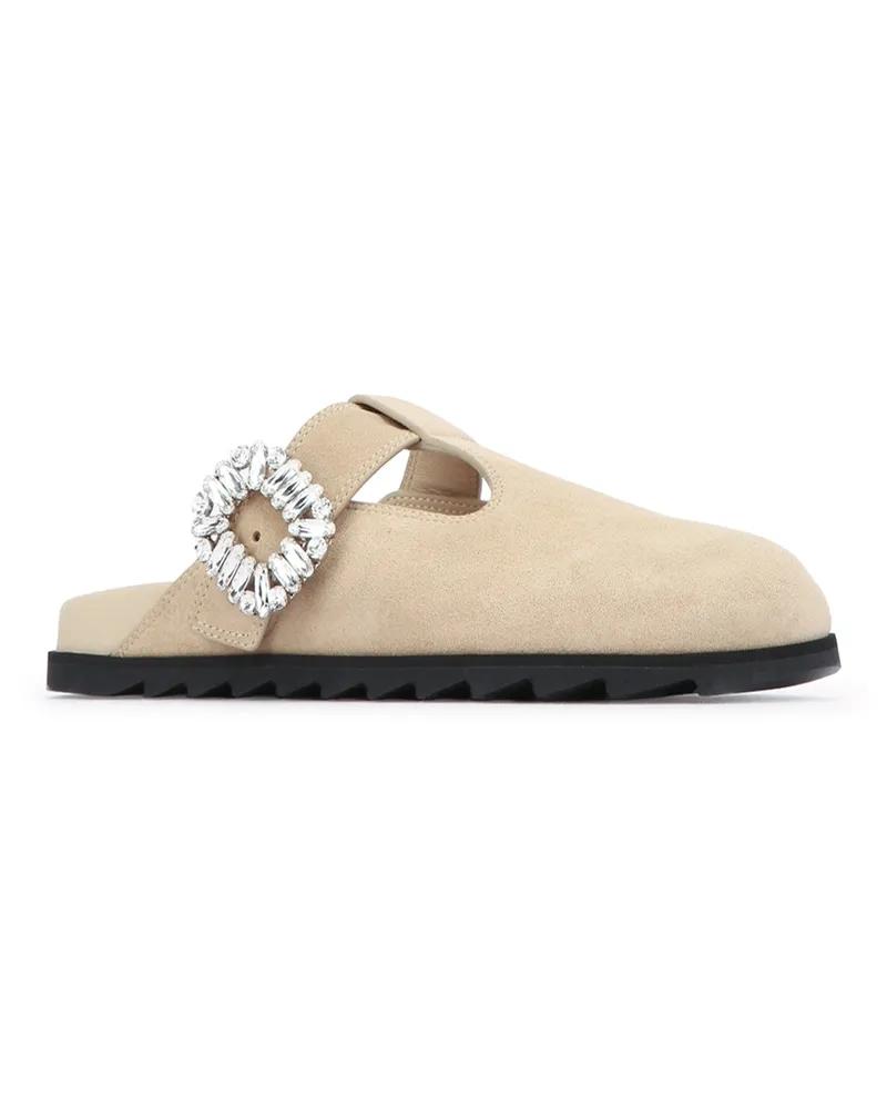 Roger Vivier Women's Slidy Viv Closed T-Strap Mule Beige Scuro Leather - Sole: Rubber Slippers / Flat Shoes Beige