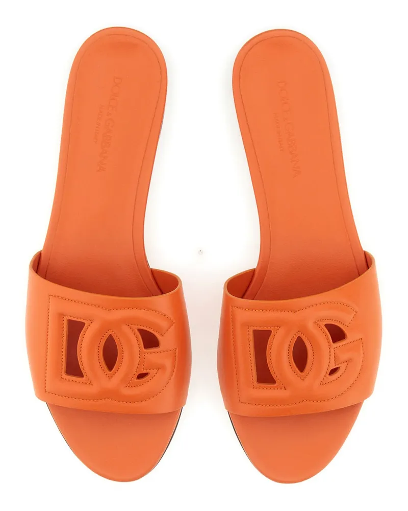 Dolce & Gabbana Logo-Embossed Leather Slide Sandal — Orange Orange