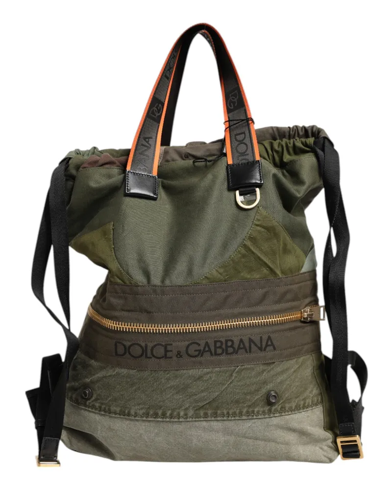 Dolce & Gabbana Men's Military Green Patchwork Rucksack Backpack Bag Cotton Nylon Calfskin Green