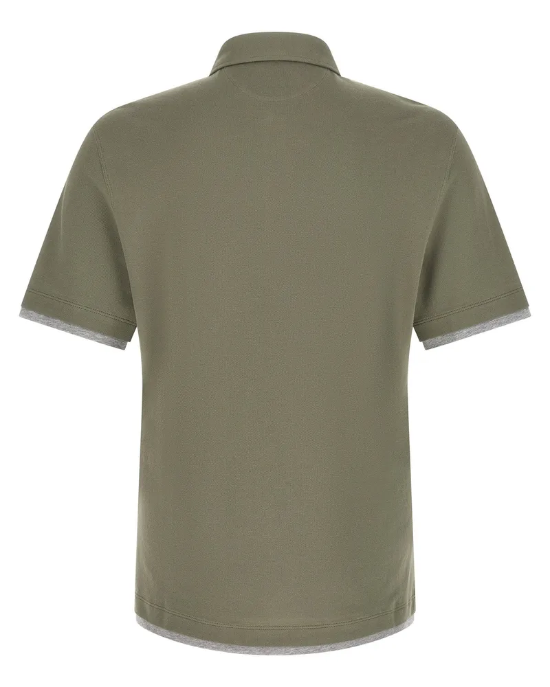 Brunello Cucinelli Faux Layering Cotton Piqué Polo Shirt — Sage Sage