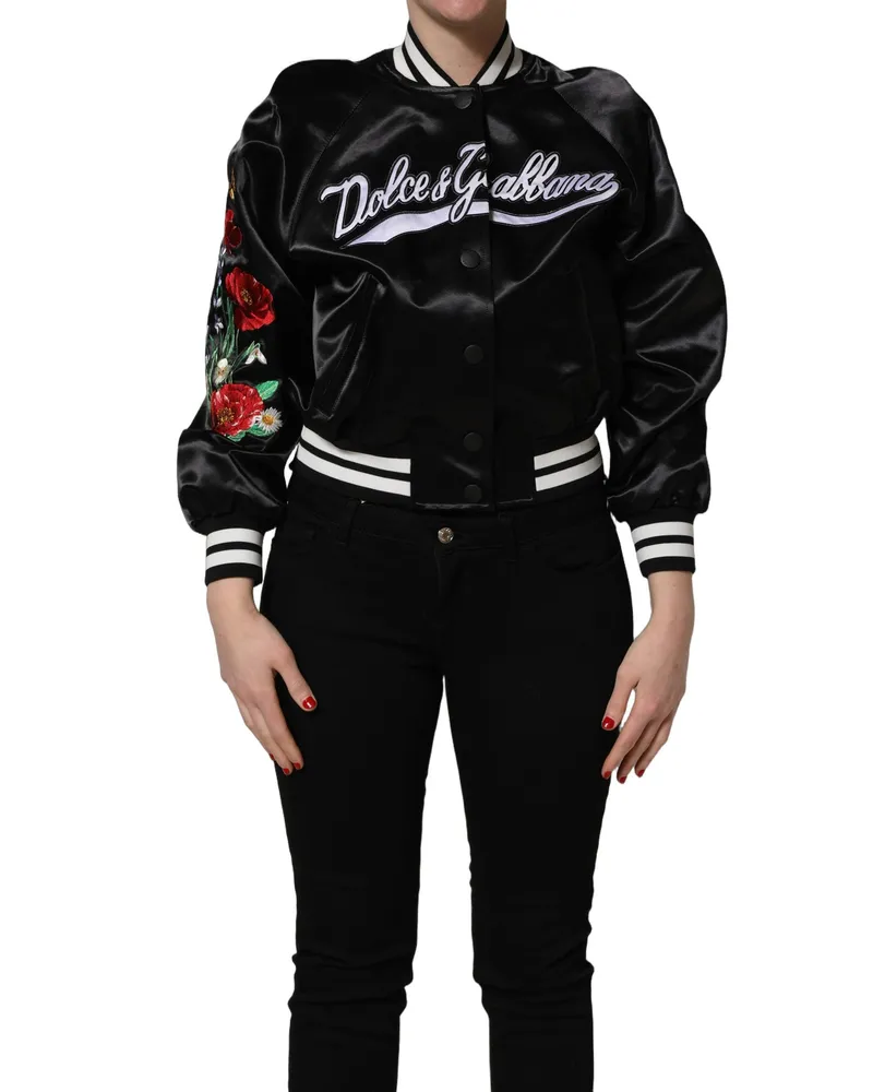 Dolce & Gabbana Women's Black Satin Floral Embroidery Bomber Jacket Cotton Nylon Polyester Clothing Black