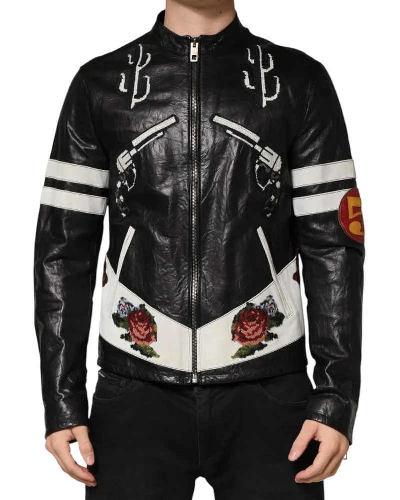 Dolce & Gabbana Black Guns N Roses Fullzip Men Biker Jacket Lambskin Calfskin Clothing Black