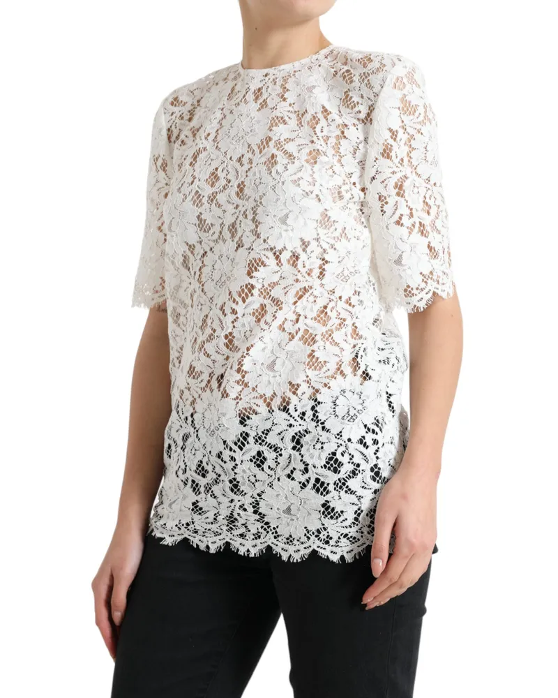 Dolce & Gabbana Women White Floral Lace Cotton Round Neck Blouse Top Viscose Nylon White