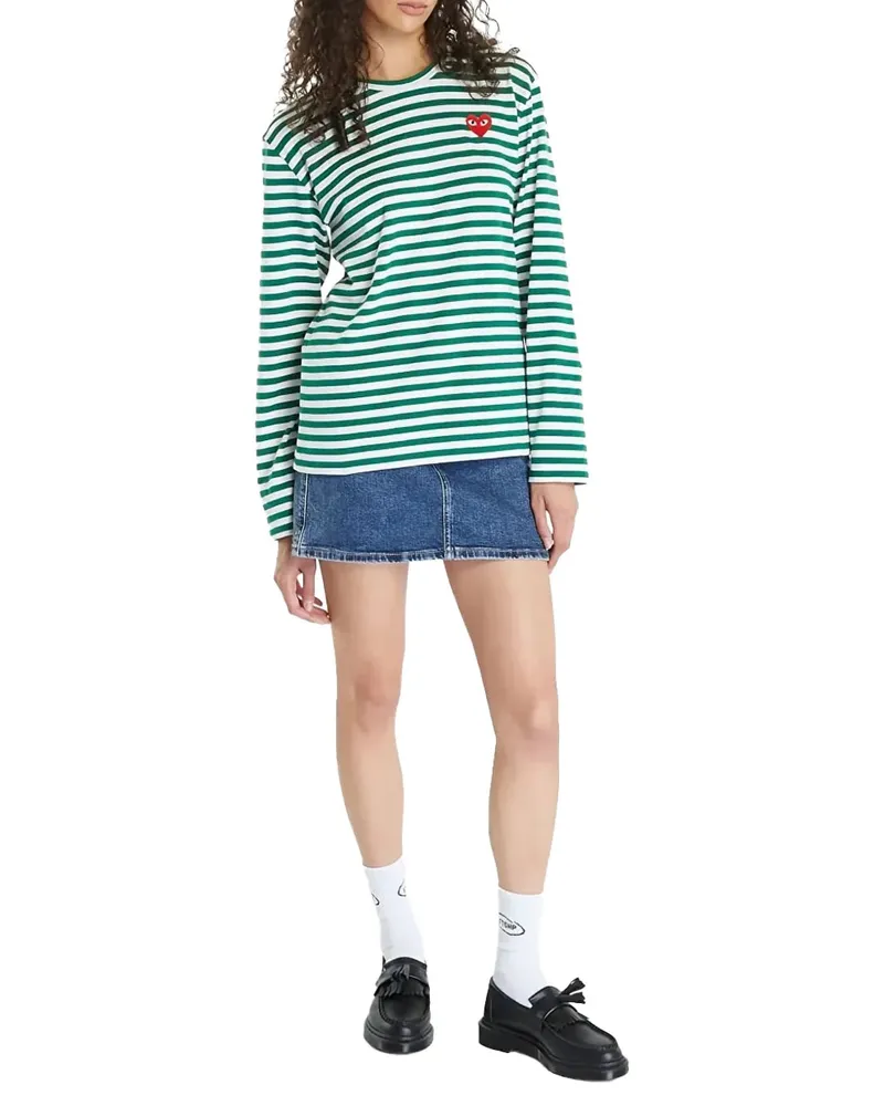 Comme des Garçons Striped Red Heart Logo T-Shirt — Green Green