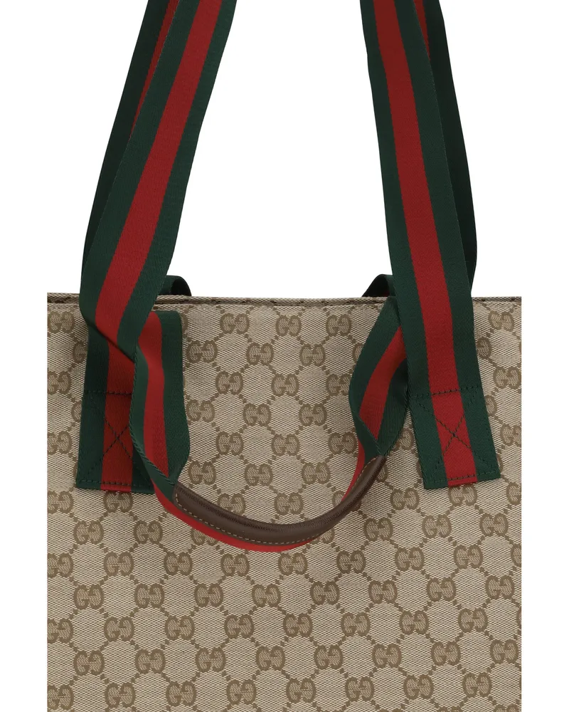 Gucci Men's Tote Bag Gg Motif Leather Trim Vintage Sand-Dark Brown-Vrv Polyester Shoulder Sand/dark Brown/vrv Beige