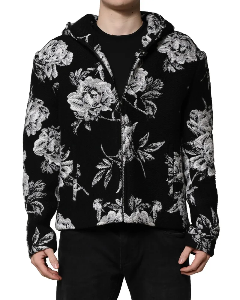 Dolce & Gabbana Black Wool Floral Printed Men Hooded Jacket Clothing Black