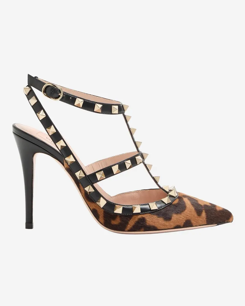 Valentino Garavani Women's Rockstud Pumps With Straps Miele-T.moro-Nero Calf Leather - Bos Taurus Miele-t.moro/nero Multicolor
