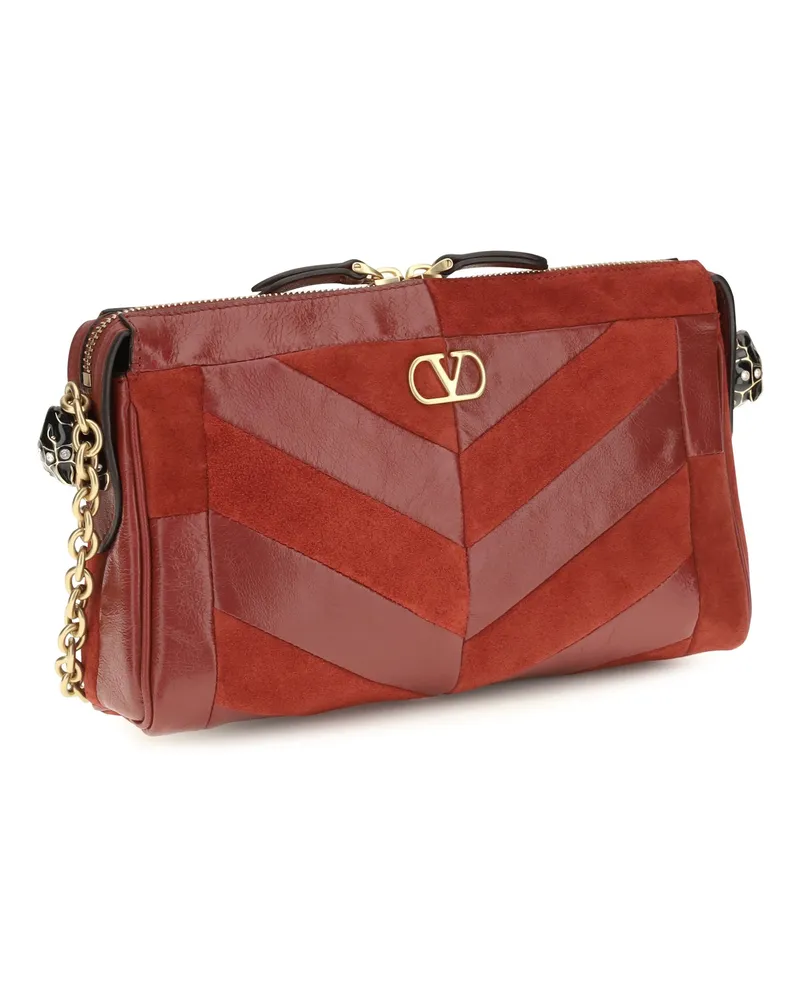 Valentino Garavani Women's Panthea Shoulder Bag Chevron Pattern Russet Red Calf Leather Bos Taurus Red